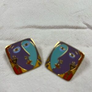 Laurel Burch Pharaoh's Daughter Cloisonné Pierced Earrings 1993 Vintage Signed